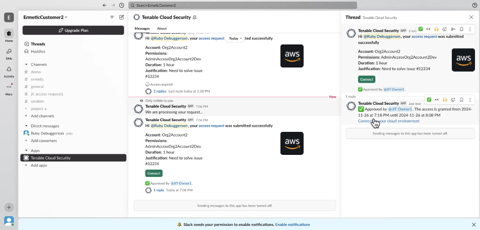 screenshot showing the permission request generated in Slack using Tenable Cloud Security